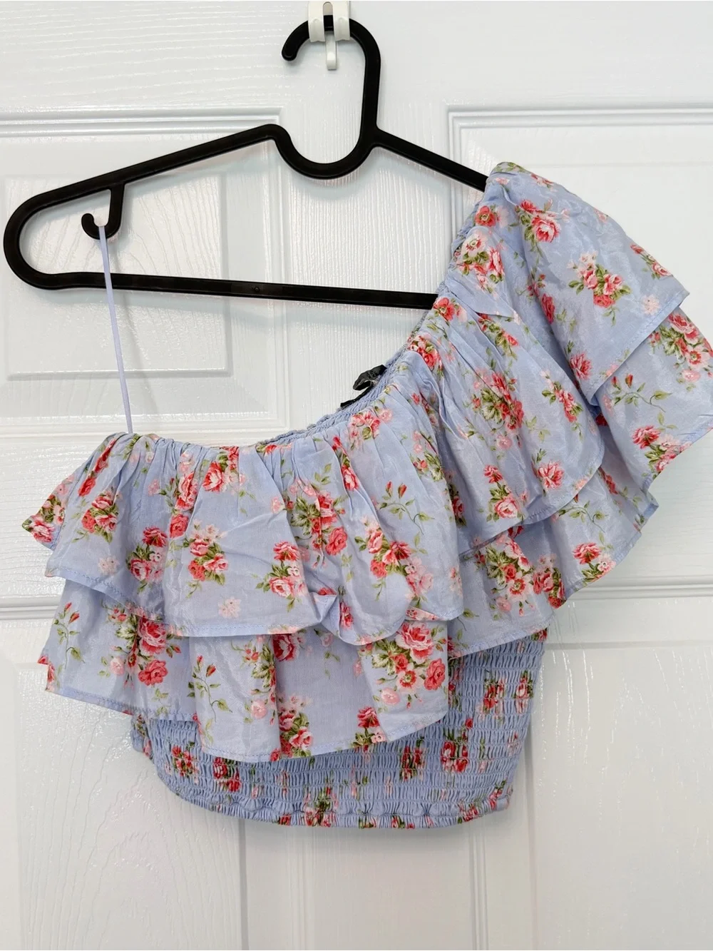 Abercrombie & Fitch Floral One Shoulder Ruffle Smocked Crop Top Blue XXS